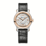 Chopard Happy Sport 30mm-Chopard Happy Sport - 278573-6013 - Chopard Happy Sport in a 30mm stainless steel/rose gold case with silver dial and five floating diamonds on leather strap, featuring an automatic movement with 42 hours power reserve.