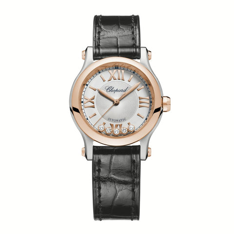 Chopard Happy Sport-Chopard Happy Sport - 278573-6013 - Chopard Happy Sport in a 30mm stainless steel/rose gold case with silver dial and five floating diamonds on leather strap, featuring an automatic movement with 42 hours power reserve.