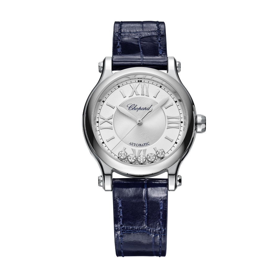 Chopard Happy Sport - 278608-3001 - Chopard Happy Sport in a 33mm stainless steel case with silver dial on leather strap, featuring five moving diamonds and an automatic movement.