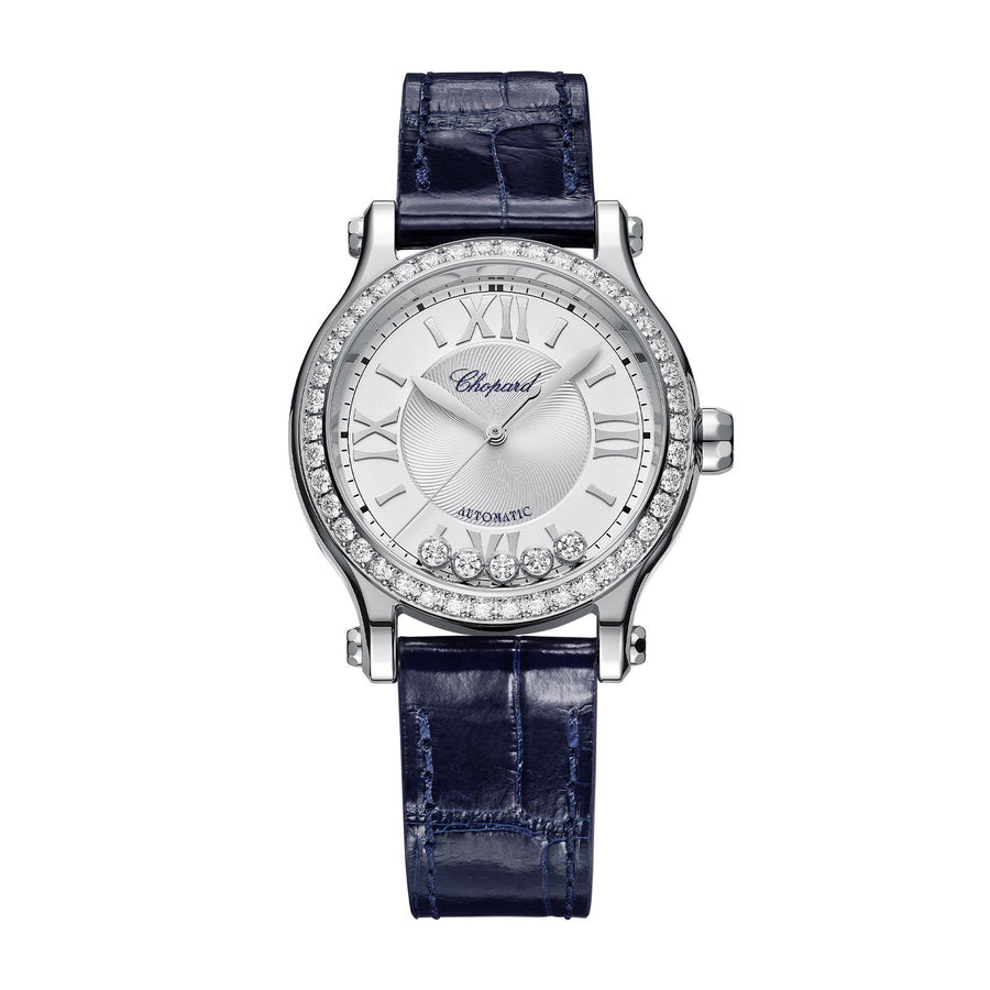 Chopard Happy Sport - 278608-3003 - Chopard Happy Sport in a 33mm stainless steel case diamond bezel case with silver dial with five floating diamonds on leather strap, featuring an automatic movement with approximately 42 hours power reserve.