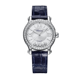 Chopard Happy Sport - 278608-3003 - Chopard Happy Sport in a 33mm stainless steel case diamond bezel case with silver dial with five floating diamonds on leather strap, featuring an automatic movement with approximately 42 hours power reserve.