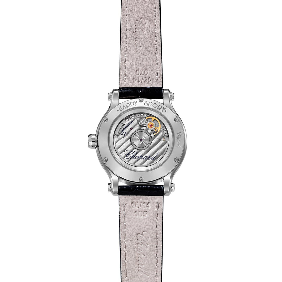 Chopard Happy Sport - 278608-3003 - Chopard Happy Sport in a 33mm stainless steel case diamond bezel case with silver dial with five floating diamonds on leather strap, featuring an automatic movement with approximately 42 hours power reserve.