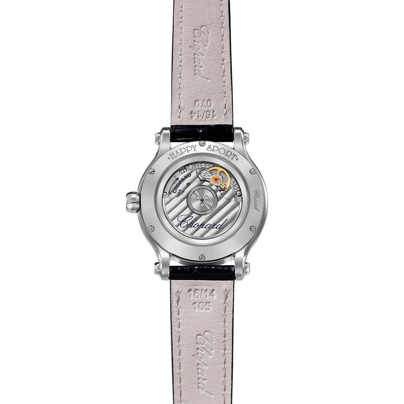 Chopard Happy Sport 33mm-Chopard Happy Sport - 278608-3003 - Chopard Happy Sport in a 33mm stainless steel case diamond bezel case with silver dial with five floating diamonds on leather strap, featuring an automatic movement with approximately 42 hours power reserve.