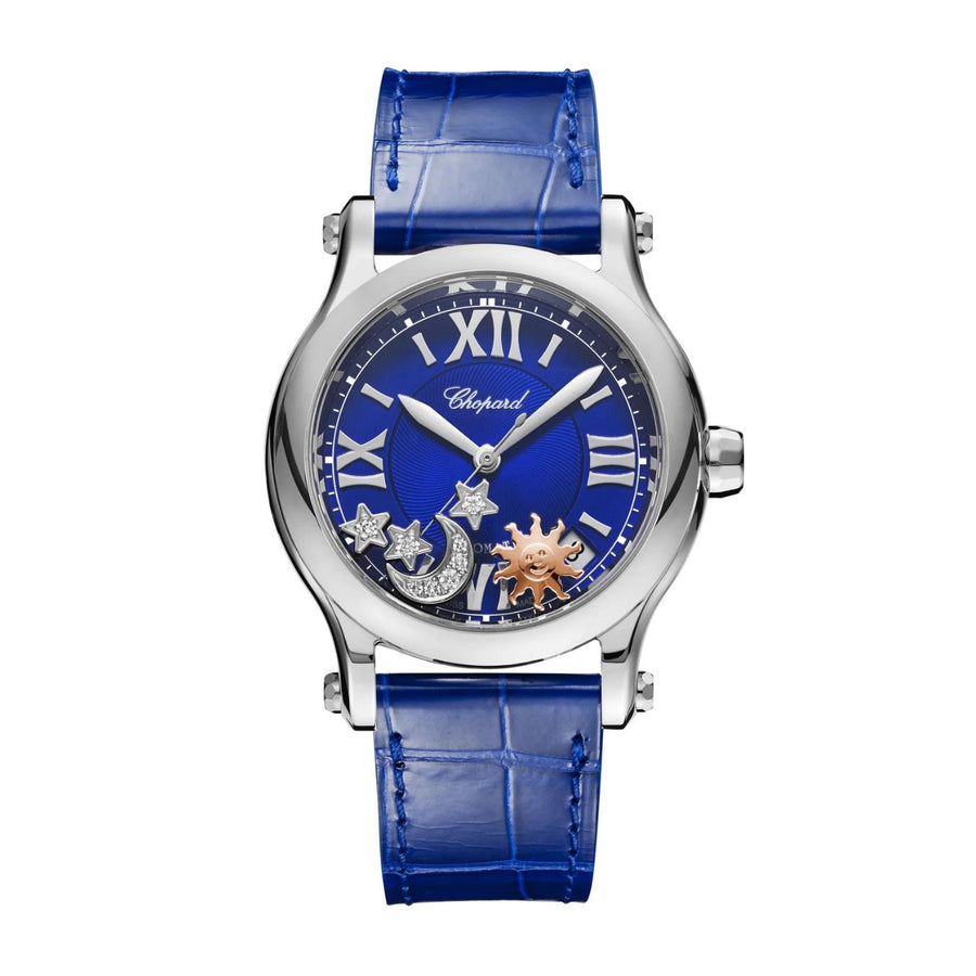Chopard Happy Sport Sun, Moon and Stars - 278559-3011 - Chopard Happy Sport Sun, Moon and Stars in a 36mm stainless steel case with blue dial and floating diamonds, featuring an automatic movement with approximately 62 hours power reserve.