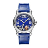 Chopard Happy Sport Sun, Moon and Stars - 278559-3011 - Chopard Happy Sport Sun, Moon and Stars in a 36mm stainless steel case with blue dial and floating diamonds, featuring an automatic movement with approximately 62 hours power reserve.