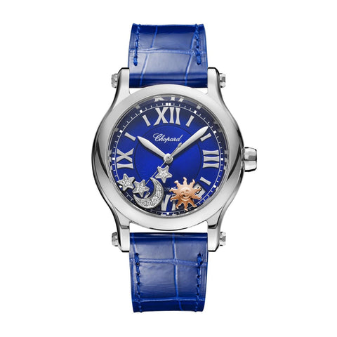Chopard Happy Sport Sun, Moon and Stars-Chopard Happy Sport Sun, Moon and Stars - 278559-3011 - Chopard Happy Sport Sun, Moon and Stars in a 36mm stainless steel case with blue dial and floating diamonds, featuring an automatic movement with approximately 62 hours power reserve.