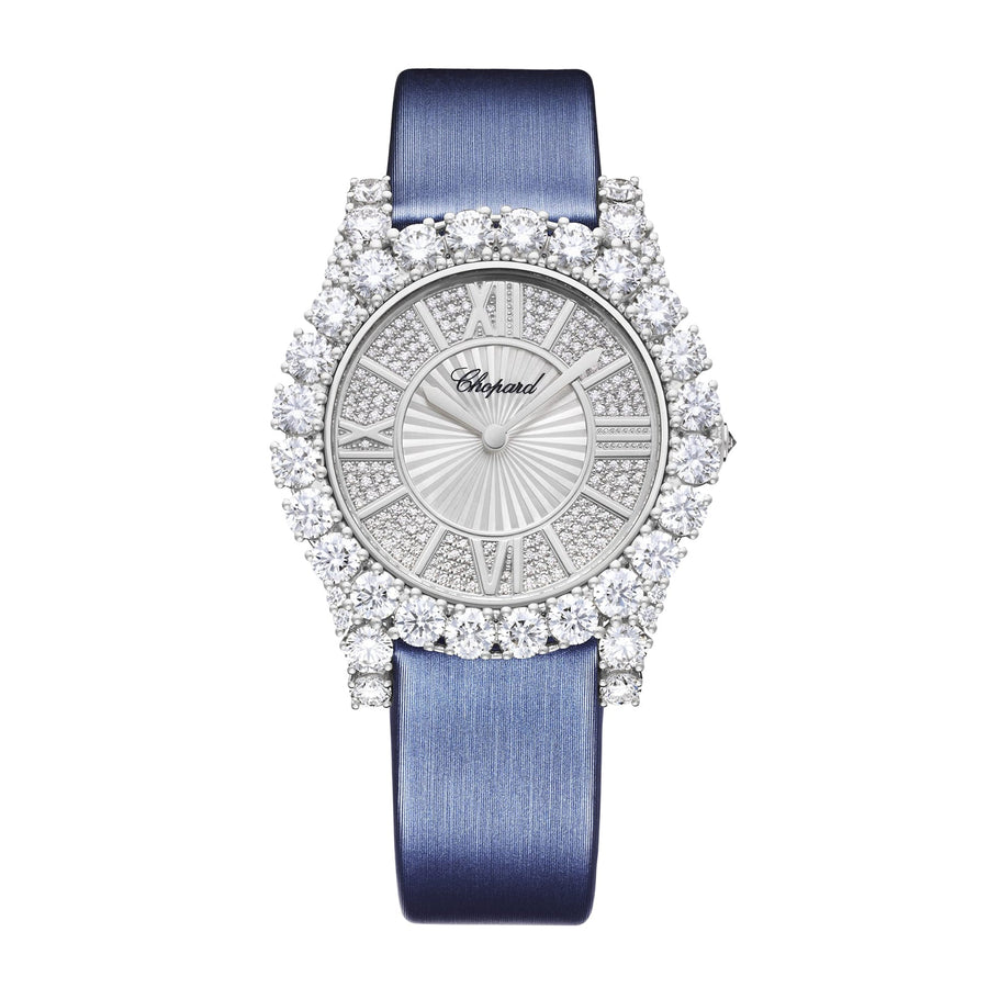 Chopard L'Heure Du Diamant - 139419-1601 - Chopard L'Heure Du Diamant in a 35mm white gold case with pavé diamond guilloché mother-of-pearl dial on satin strap, featuring an automatic movement with approximately 42 hours power reserve.