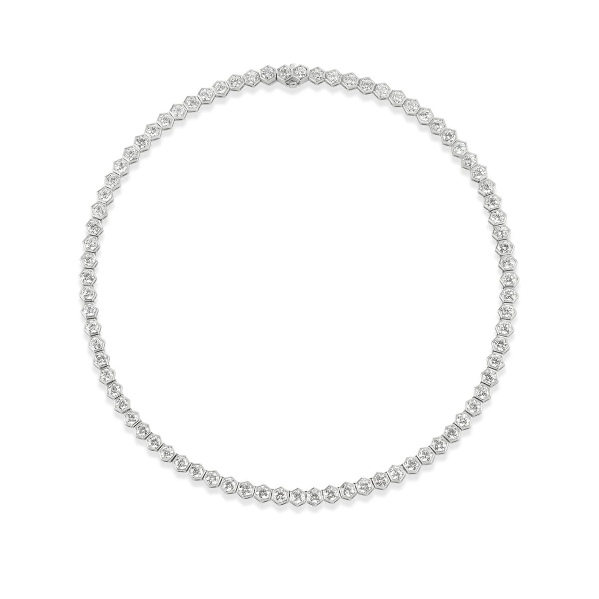 Diamond Hexagon Bezel Necklace in 18 karat white gold with diamonds totaling 20.02 carats.