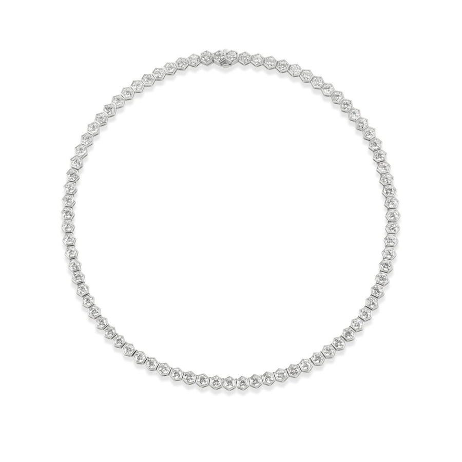 Diamond Hexagon Bezel Necklace in 18 karat white gold with diamonds totaling 20.02 carats.