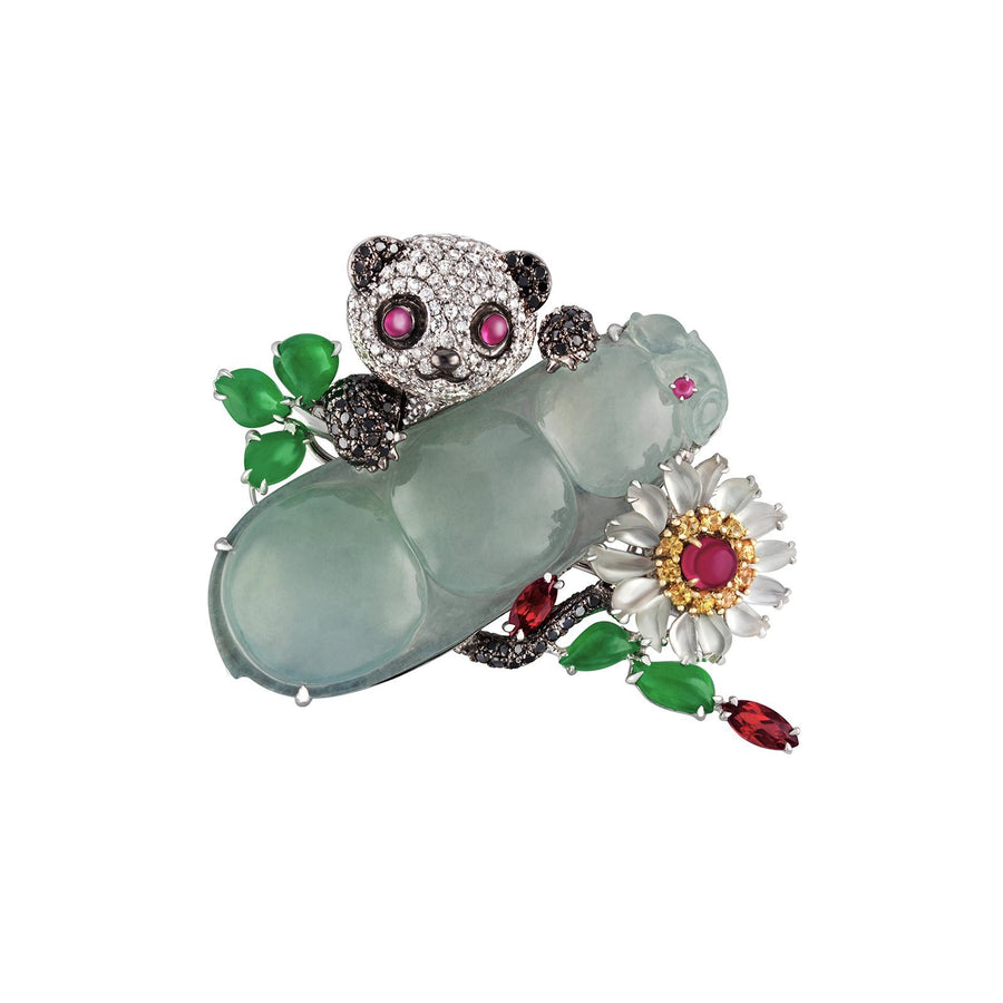 Diamond Panda and Jade Peapod Brooch - OINEL00046