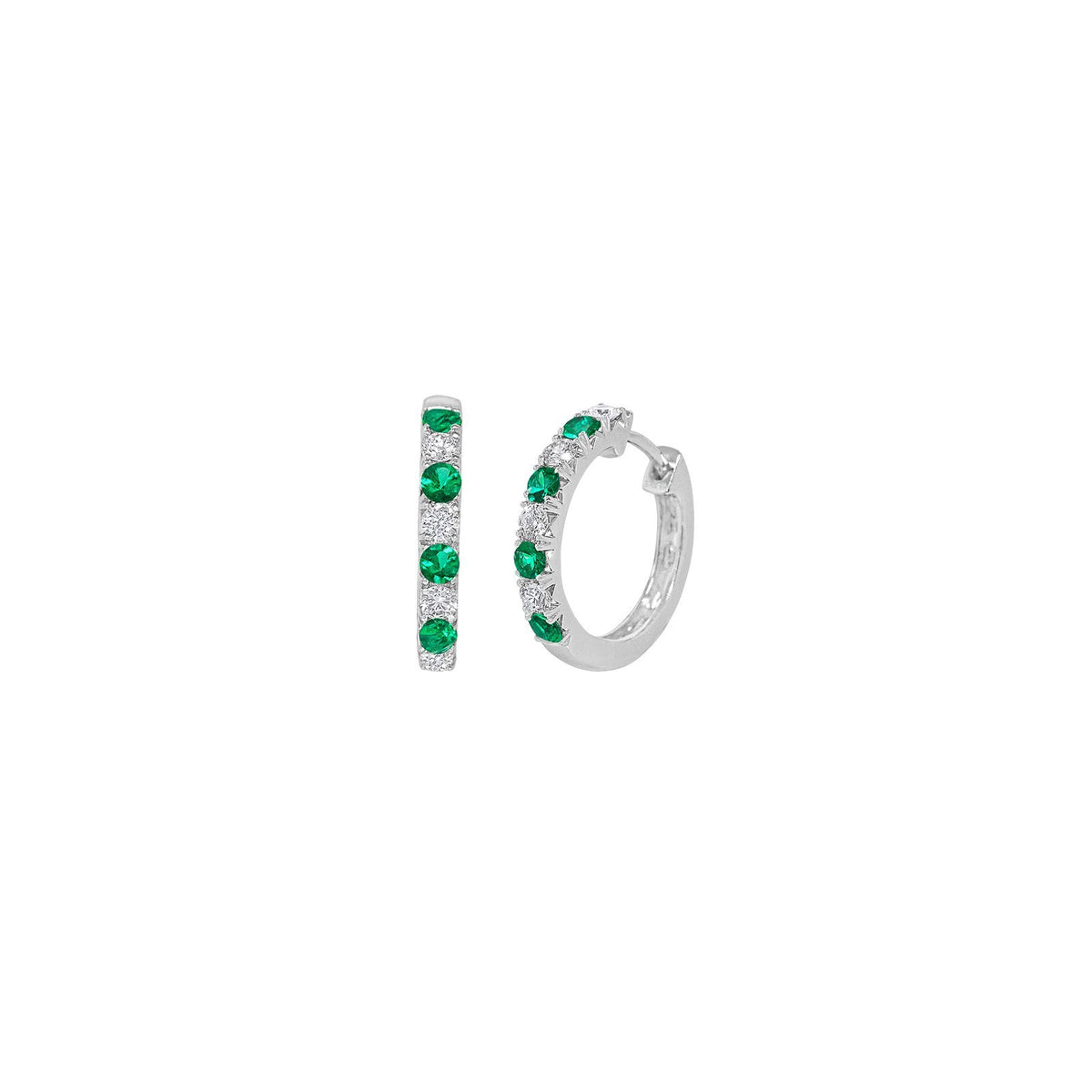 Emerald and diamond alternating hoop earrings in 18 karat white gold.