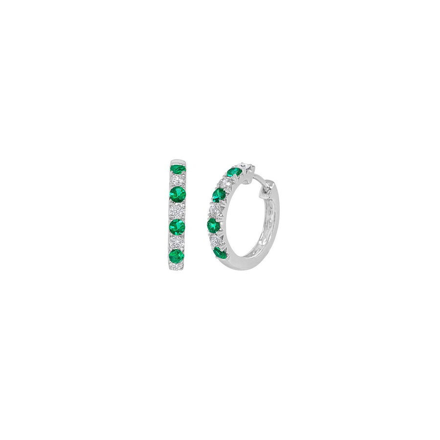 Emerald and diamond alternating hoop earrings in 18 karat white gold.