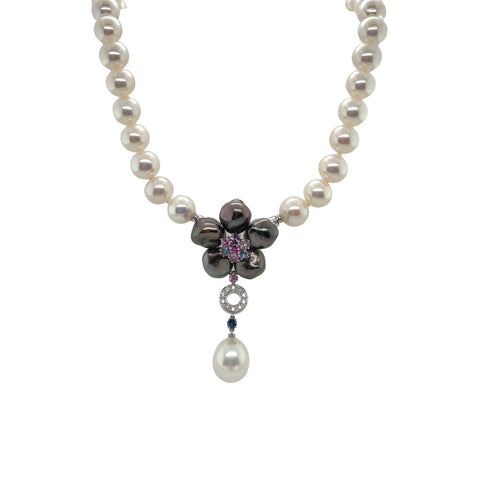 Fresh Water Pearl Diamond Sapphire Necklace - FNSCH00064