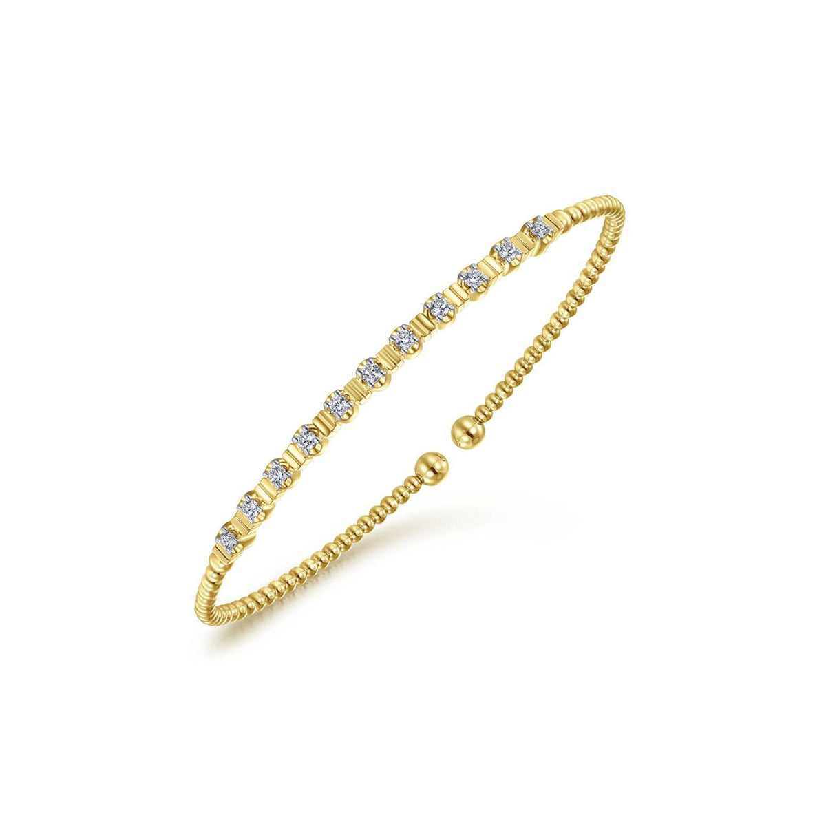 Gabriel & Co. Bujukan Bead Cuff Bracelet with Diamond Stations in 14 karat yellow gold.