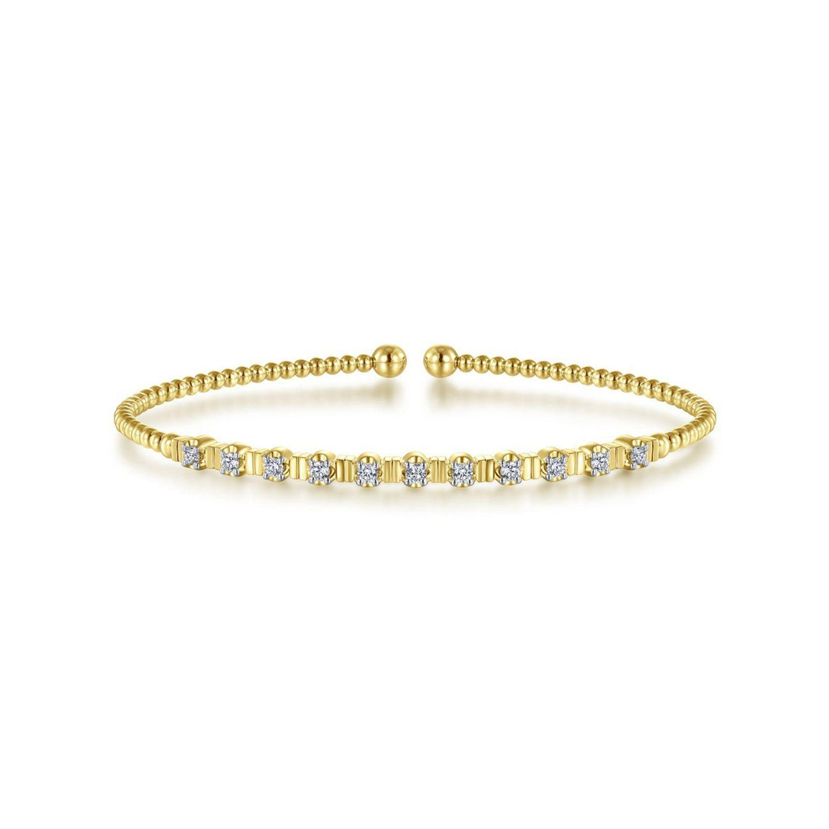 Gabriel & Co. Bujukan Bead Cuff Bracelet with Diamond Stations in 14 karat yellow gold.