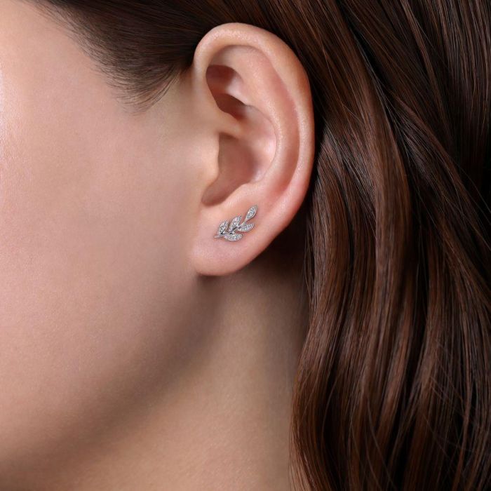 Gabriel & Co. Diamond Leaf Stud Earrings in 14 karat white gold with diamonds.