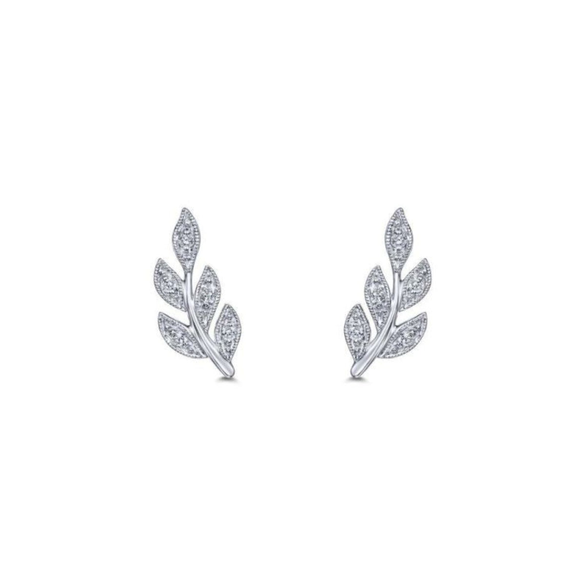 Gabriel & Co. Diamond Leaf Stud Earrings in 14 karat white gold with diamonds.