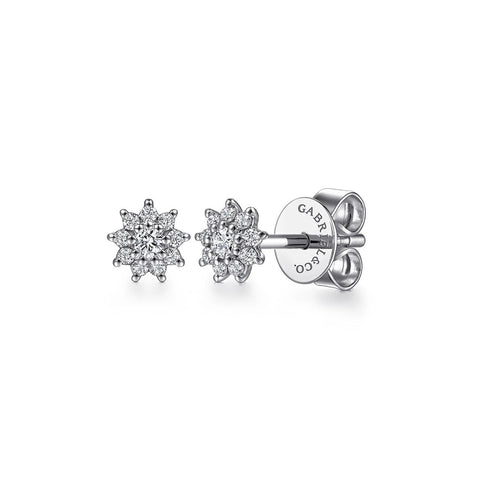 Gabriel & Co. Pave Diamond Flower Stud Earrings in 14 karat white gold with diamonds.