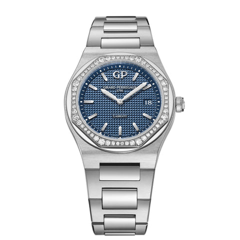 Girard-Perregaux Laureato 34mm-Girard-Perregaux Laureato in a 34mm stainless steel diamond bezel case with blue dial on stainless steel bracelet, featuring a date display and quartz movement.