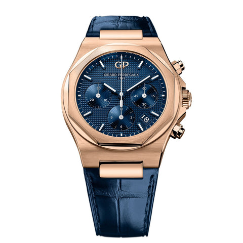Girard-Perregaux Laureato Chronograph in a 38mm rose gold case with blue dial on leather strap, featuring a chronograph function, date display and automatic movement.