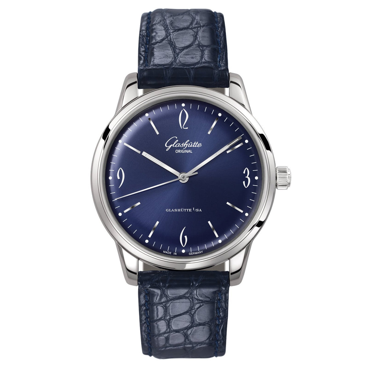 Glashutte Original Vintage Sixties in a 39mm stainless steel case with blue dial on leather strap, featuring an automatic movement.