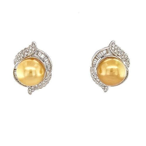 Golden South Sea Pearl Diamond Earrings-Golden South Sea Pearl Diamond Earrings -