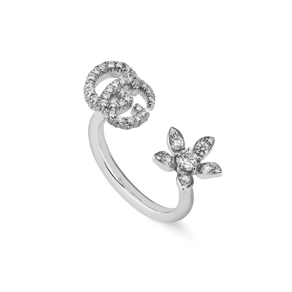 Gucci Flower and Double G Ring with Diamonds -