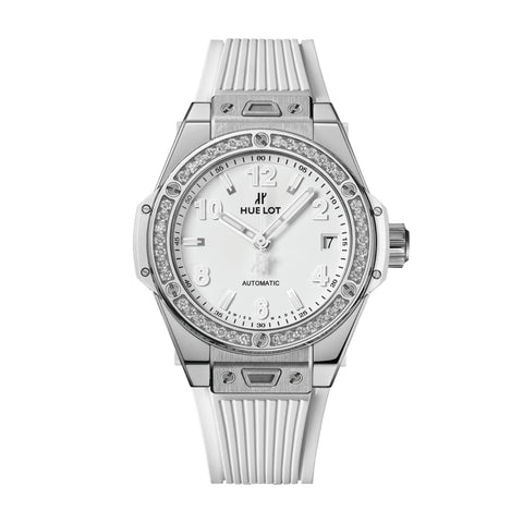 Hubllot Big Bang One Click Steel White Diamonds - 485.SE.2010.RW.1204 - Hubllot Big Bang One Click Steel White Diamonds in a 33mm stainless steel case with white dial on white structured line rubber strap, featuring a date display and automatic movement with up to 40 hours of power reserve.