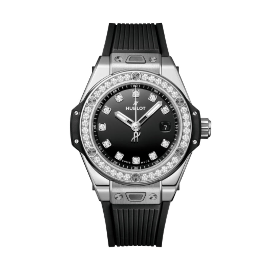 Hublot Big Bang One Click Steel Diamonds - 485.SX.1270.RX.1204 - 33mm stainless steel case with diamond bezel, black dial with diamond markers. Date display. Automatic movement, power reserve to 40 hours. Black structured lined rubber strap. Water resistance to 100m