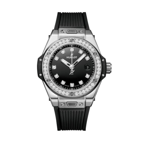 Hublot Big Bang One Click Steel Diamonds - 485.SX.1270.RX.1204 - 33mm stainless steel case with diamond bezel, black dial with diamond markers. Date display. Automatic movement, power reserve to 40 hours. Black structured lined rubber strap. Water resistance to 100m