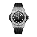 Hublot Big Bang One Click Steel Pavé - 485.SX.1270.RX.1604 - 33mm stainless steel case with diamond case. Black dial with diamond markers. Date display. Automatic movement, power reserve to 40 hours. Water resistance to 100m. Rubber strap