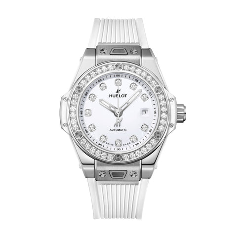 33mm stainless steel case with diamond bezel. Polished white dial with diamond markers. Date display. Automatic movement, power reserve to 40 hours. Water resistance to 100m. Rubber strap