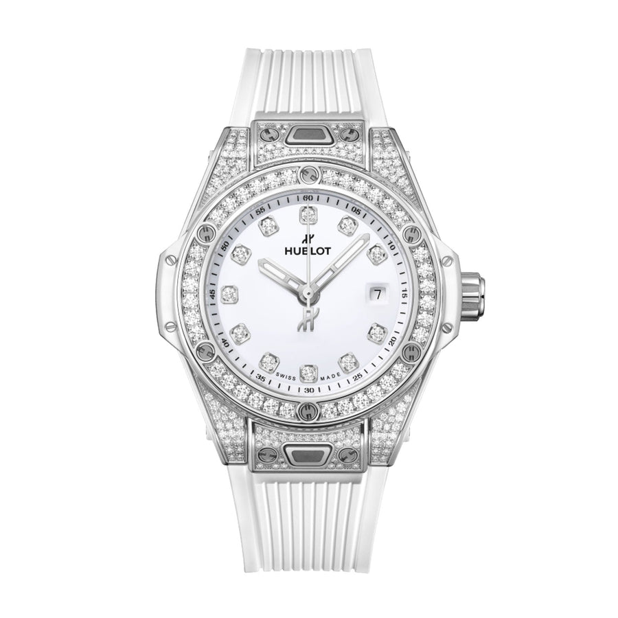 Hublot Big Bang One Click Steel White Pavé in a 33mm stainless steel diamond case with white dial on white rubber strap, featuring a date display and automatic movement with up to 40 hours of power reserve.