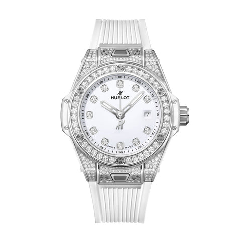 Hublot Big Bang One Click Steel White Pavé 33mm-Hublot Big Bang One Click Steel White Pavé in a 33mm stainless steel diamond case with white dial on white rubber strap, featuring a date display and automatic movement with up to 40 hours of power reserve.