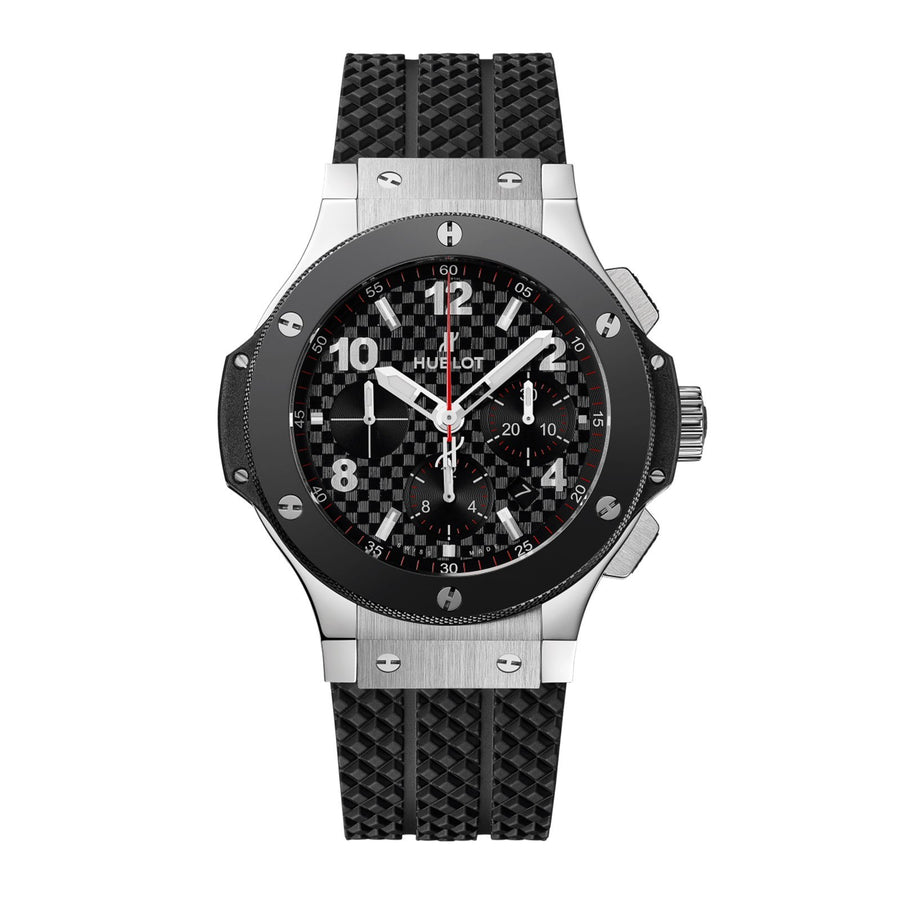 Hublot Big Bang Original Steel Ceramic in a 44mm stainless steel case with stamped carbon effect dial on rubber strap, featuring a  chronograph function, small seconds display and automatic movement with up to 42 hours power reserve.