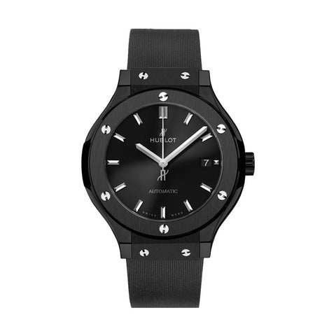 Hublot Classic Fusion Automatic 38mm - 565.CM.1470.RX - Hublot Classic Fusion Automatic in a 38mm black ceramic case with black dial on rubber strap, featuring a date display and automatic movement with up to 42 hours power reserve.