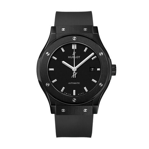 Hublot Classic Fusion Black Magic 42mm-Hublot Classic Fusion Black Magic in a 42mm polished and satin-finished black ceramic case with black lined rubber strap and black-plated stainless steel deployant buckle clasp, featuring the HUB1110 self-winding movement with a 42-hours power reserve.