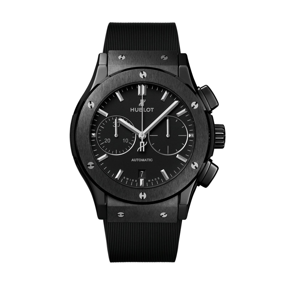 Hublot Classic Fusion Chronograph Black Magic in a 45mm polished and satin-finished black ceramic case on black lined rubber strap with black-plated stainless steel deployant buckle clasp, featuring HUB1143 self winding chronograph movement with 42-hours power reserve.