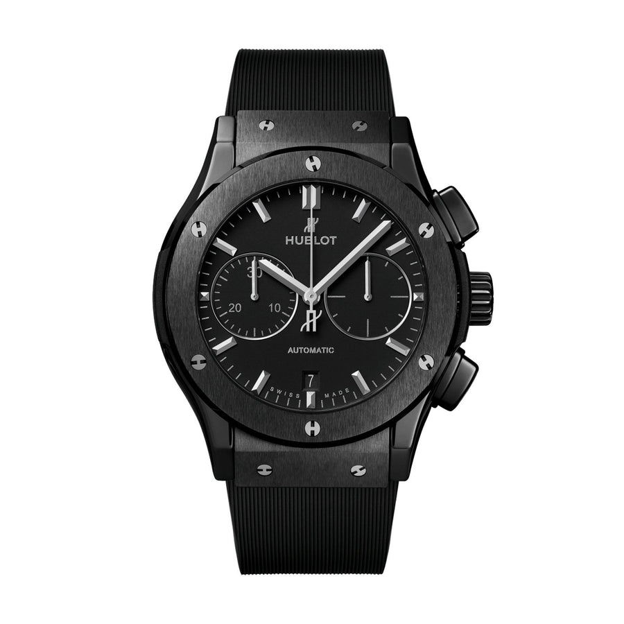 Hublot Classic Fusion Chronograph Black Magic in a 45mm polished and satin-finished black ceramic case on black lined rubber strap with black-plated stainless steel deployant buckle clasp, featuring HUB1143 self winding chronograph movement with 42-hours power reserve.