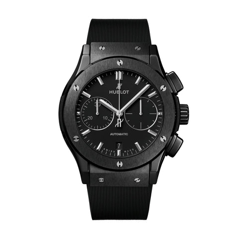 Hublot Classic Fusion Chronograph Black Magic 45mm-Hublot Classic Fusion Chronograph Black Magic in a 45mm polished and satin-finished black ceramic case on black lined rubber strap with black-plated stainless steel deployant buckle clasp, featuring HUB1143 self winding chronograph movement with 42-hours power reserve.