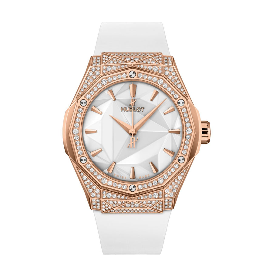 Hublot Classic Fusion Orlinski King Gold Pave in a 40mm King Gold case diamond case with white dial on black rubber strap with deployant buckle clasp, featuring an automatic movement with up to 42 hours power reserve.