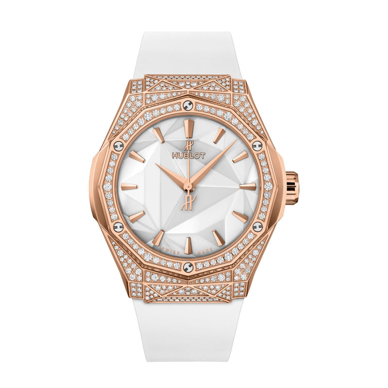 Hublot Classic Fusion Orlinski King Gold White Pavé 40mm-Hublot Classic Fusion Orlinski King Gold Pave in a 40mm King Gold case diamond case with white dial on black rubber strap with deployant buckle clasp, featuring an automatic movement with up to 42 hours power reserve.