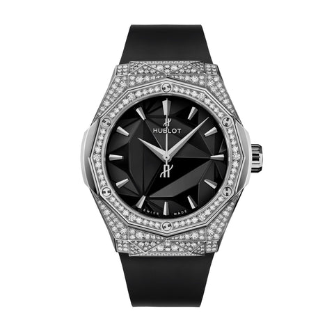 Hublot Classic Fusion Orlinski Titanium Pavé 40mm-Hublot Classic Fusion Orlinski Titanium Pave 40mm - 550.NS.1800.RX.1604.ORL19 - Hublot Classic Fusion Orlinski Titanium Pave in a 40mm diamond titanium case with black dial on black rubber strap, featuring an automatic movement with up to 42 hours power reserve.