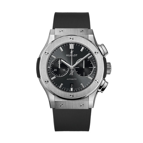 Hublot Classic Fusion Racing Grey Chronograph Titanium 45mm-Hublot Classic Fusion Racing Grey Chronograph Titanium - 521.NX.7071.LR - Hublot Classic Fusion Racing Grey Chronograph Titanium in a 45mm titanium case with grey dial on rubber strap, featuring a chronograph function and self-winding movement with up to 42 hours of power reserve.