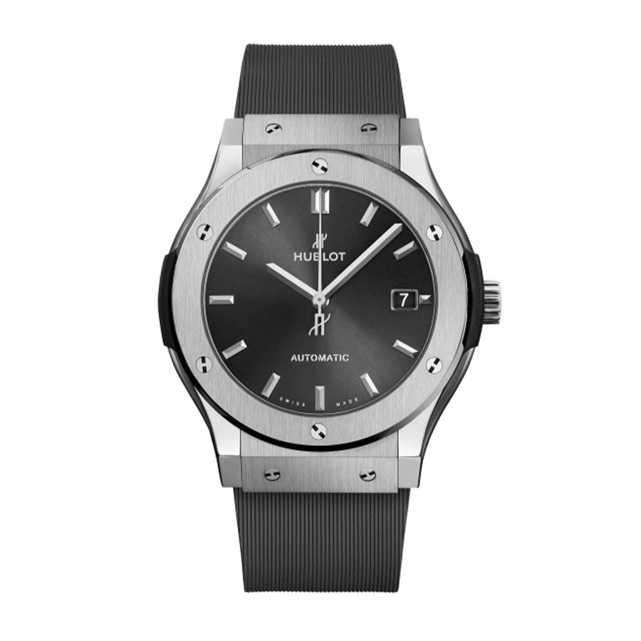 Hublot Classic Fusion Racing Grey Titanium 45mm - 511.NX.7071.RX - Hublot Classic Fusion Racing Grey Titanium in a 45mm polished titanium case with grey dial on rubber strap, featuring a date display and automatic movement with up to 42 hours power reserve.