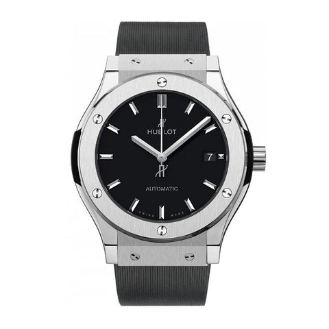 Hublot Classic Fusion Titanium in a 45mm titanium case with black dial on rubber strap, featuring a date display and automatic movement with up to 42 hours power reserve. 
