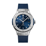 Hublot Classic Fusion Titanium Blue-Hublot Classic Fusion Titanium Blue - 565.NX.7170.RX - Hublot Classic Fusion Titanium Blue in a 38mm titanium case with blue dial on rubber strap, featuring a date display and automatic movement with up to 42 hours power reserve.