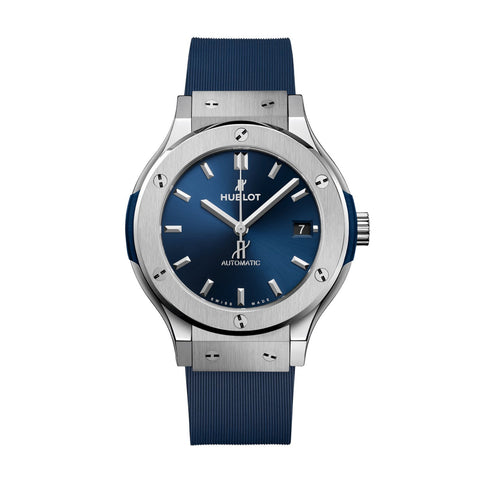 Hublot Classic Fusion Titanium Blue - 565.NX.7170.RX - Hublot Classic Fusion Titanium Blue in a 38mm titanium case with blue dial on rubber strap, featuring a date display and automatic movement with up to 42 hours power reserve.