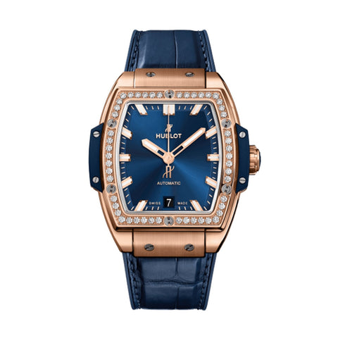 Hublot Spirit of Big Bang King Gold Blue Diamonds-Hublot Spirit of Big Bang King Gold Blue Diamonds - 665.OX.7180.LR.1204 - Hublot Spirit of Big Bang King Gold Blue Diamonds in a 39mm 18 karat King Gold diamond bezel case with blue dial on leather strap, featuring a date display and automatic movement with approximately 50 hours power reserve.