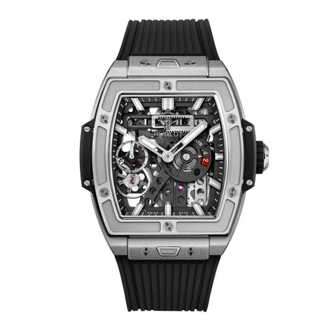 Hublot Spirit of Big Bang Meca-10 Titanium in a 45mm satin finished and polished titanium case with skeleton dial on black structured lined rubber strap, featuring a power reserve indicator and mechanical hand wound movement with up to 10 days of power reserve.